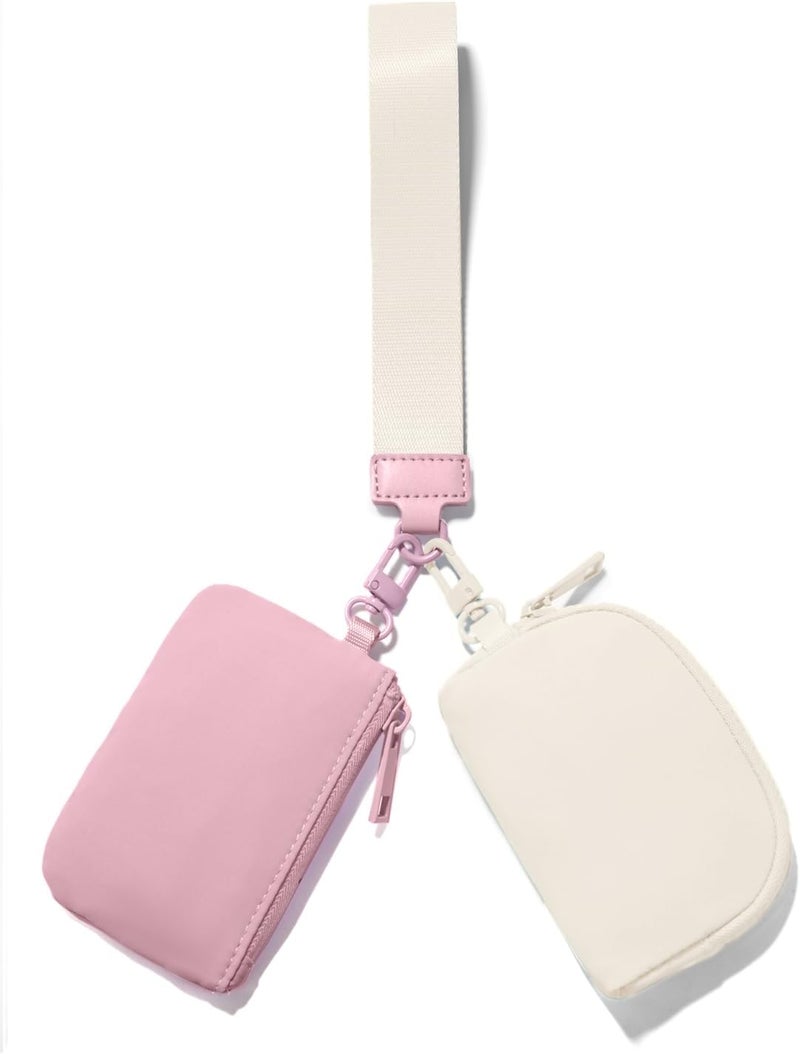 Viverte Mini Zip Around Keychain Wristlet Wallets Small Portable Dual Pounch Wristlet Detachable Coin Purse Pocket Gifts for Women Travel Sports Outdoors(Pink+Cream White) - Image 1